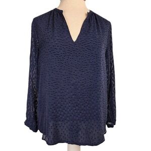 J. Crew Silk Clip Dot Split Neck Blouse Navy Women's 6 Textured Sheer Lined